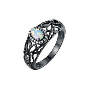 White Fire Opal & Black Filigree Ring